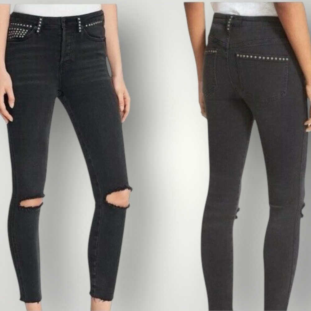 Free People Studded Mid Rise Skinny Raw Hem Black Jeans